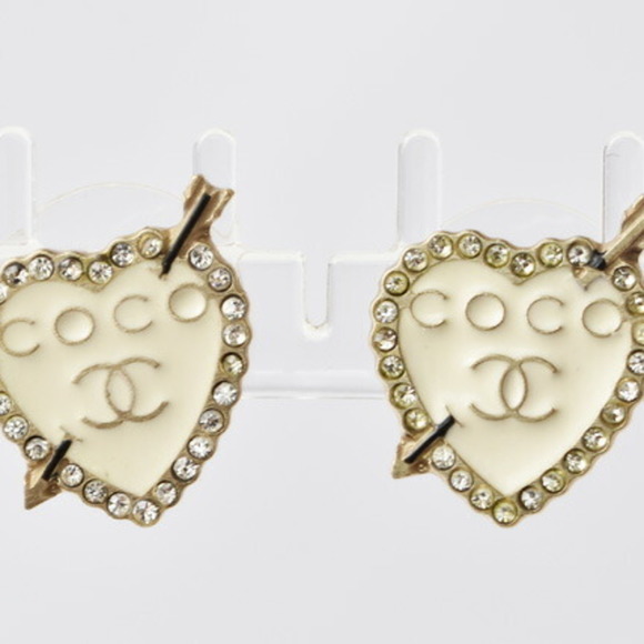 CHANEL earrings  CC mark heart rhinestone white / silver - Picture 4 of 5
